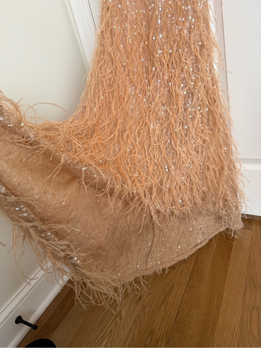 Retrofete Odessa Sequin Ostrich Feather Trimmed Sheer Gown Maxi Dress Tannin - Picture 5 of 16